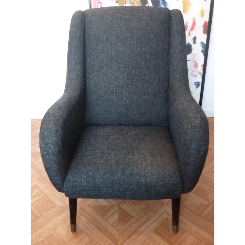 Sillón de época restaurado en tejido gris oscuro - 1950