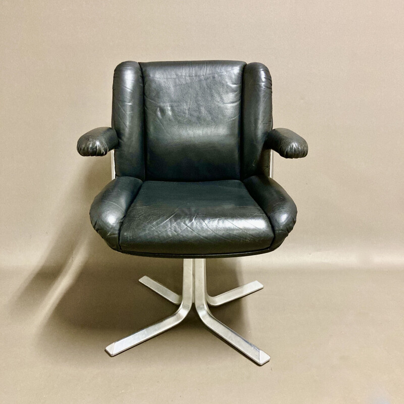 Vintage black leather and aluminum armchair, 1960s