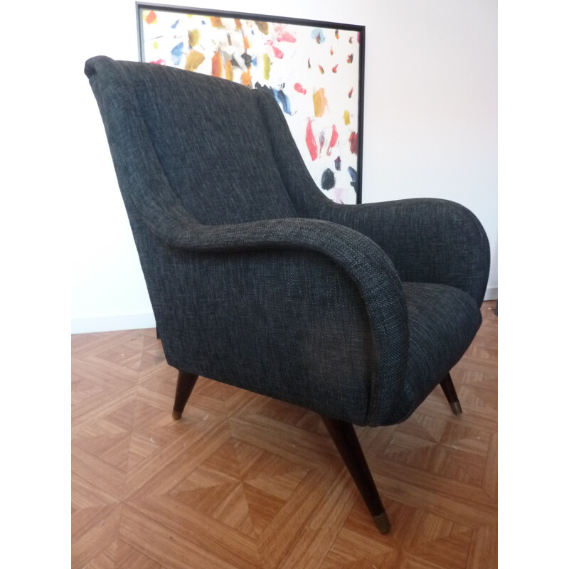 Gerestaureerde vintage fauteuil in donkergrijze stof - 1950