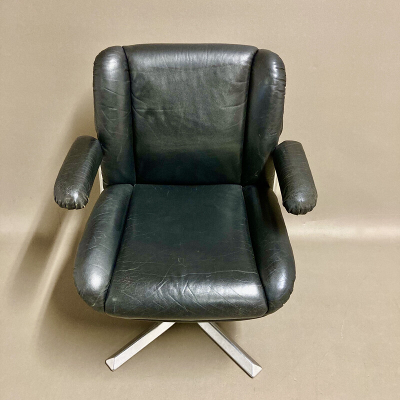 Vintage black leather and aluminum armchair, 1960s