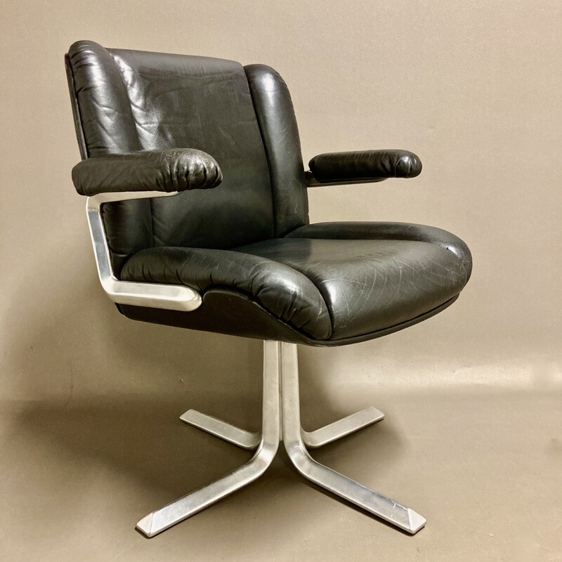 Vintage black leather and aluminum armchair, 1960s