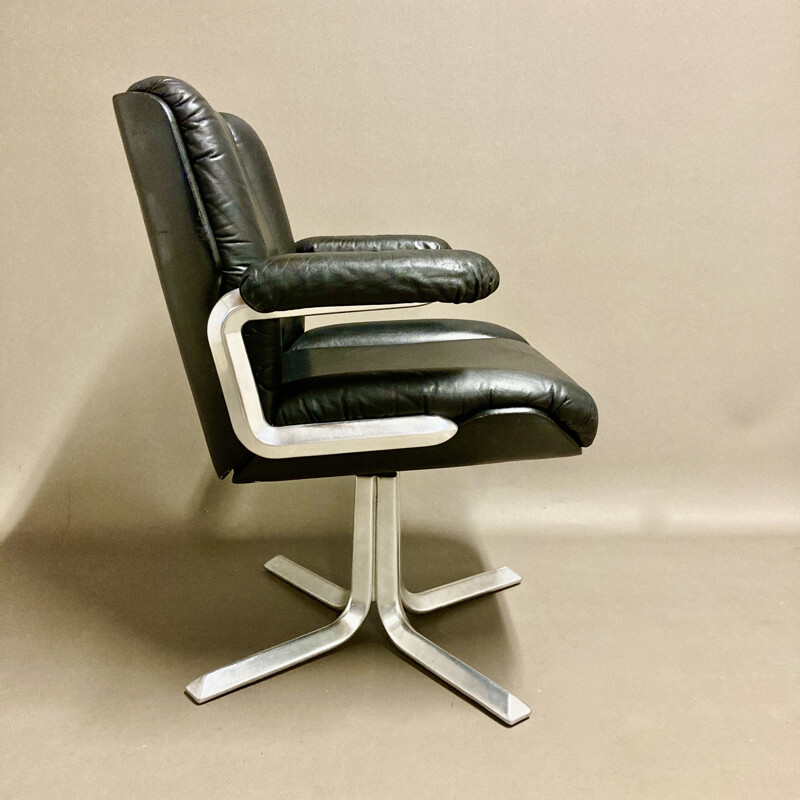 Vintage black leather and aluminum armchair, 1960s