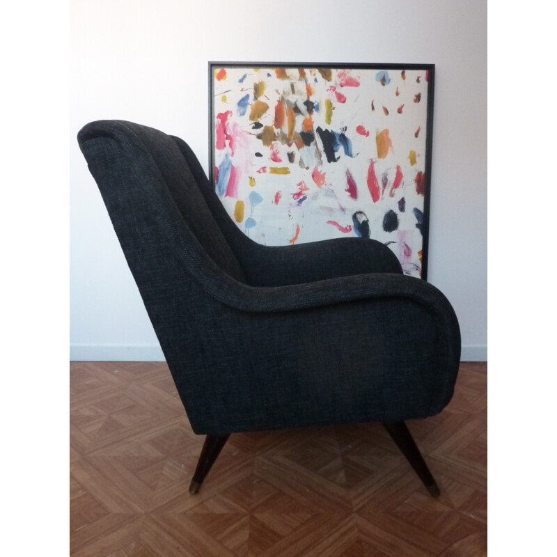 Gerestaureerde vintage fauteuil in donkergrijze stof - 1950