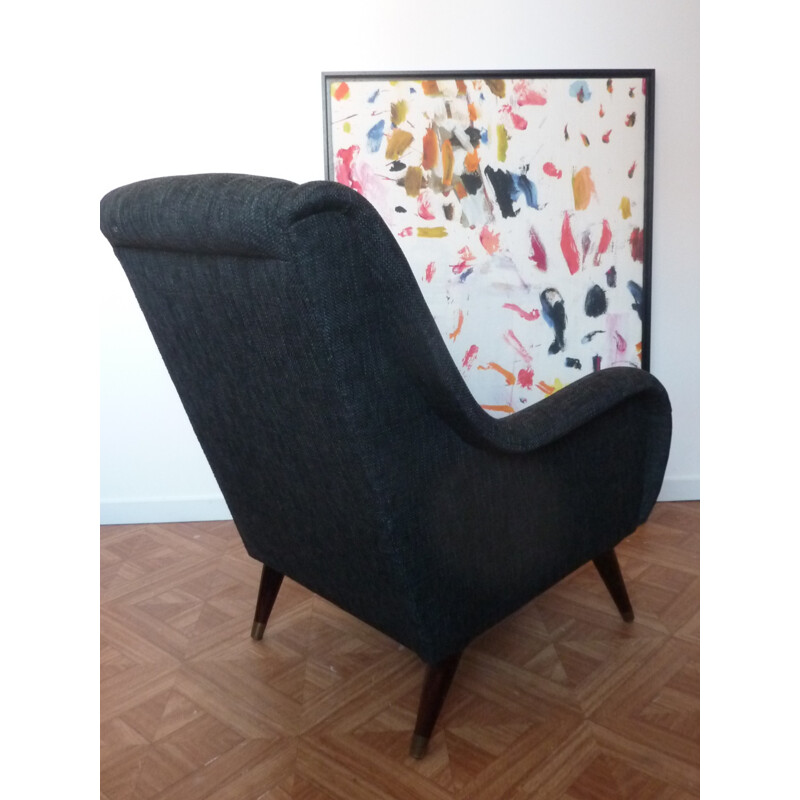 Gerestaureerde vintage fauteuil in donkergrijze stof - 1950