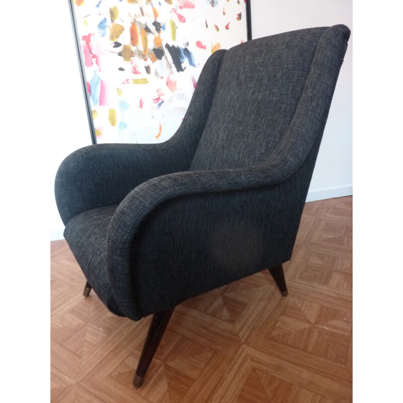 Sillón de época restaurado en tejido gris oscuro - 1950