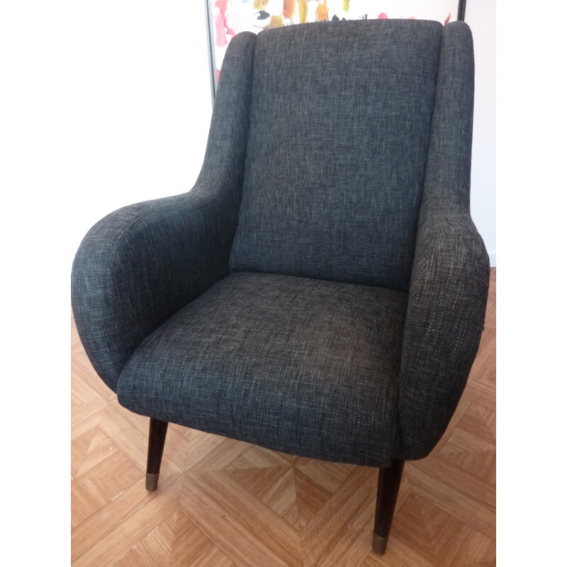 Sillón de época restaurado en tejido gris oscuro - 1950