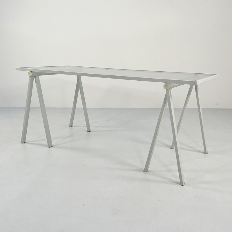 Bureau vintage à tréteaux en acier et verre par Rodney Kinsman pour Bieffeplast, 1980