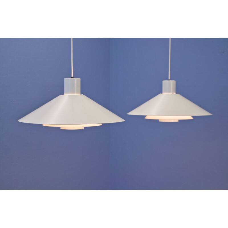 Set of 2 white Danish hanging lamps ’Trapez’ by Christian Hvidt for Nordisk Solar, 1960s