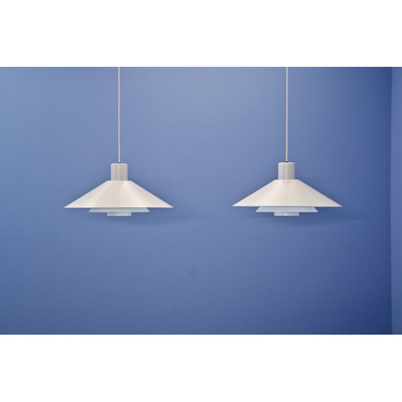Set of 2 white Danish hanging lamps ’Trapez’ by Christian Hvidt for Nordisk Solar, 1960s