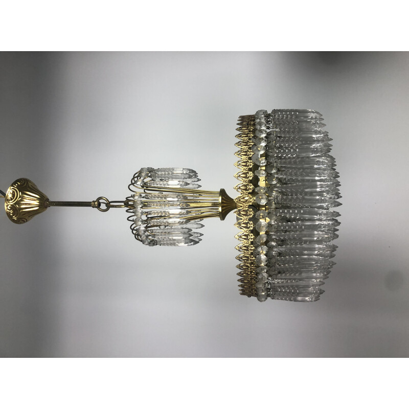 Lustre couronne vintage en laiton doré et papilles en cristal, 1970