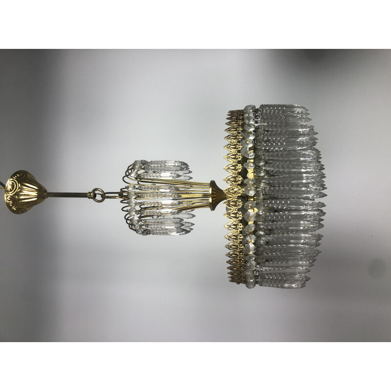 Vintage gilt brass and crystal papillae crown chandelier, 1970