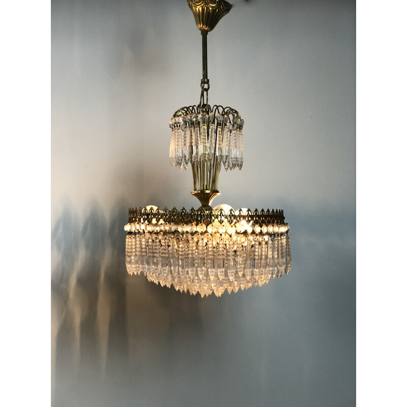 Vintage gilt brass and crystal papillae crown chandelier, 1970