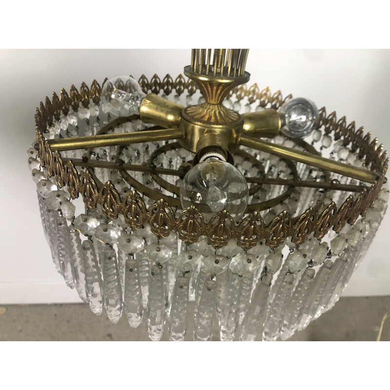 Araña corona vintage de latón dorado con papilas de cristal, 1970
