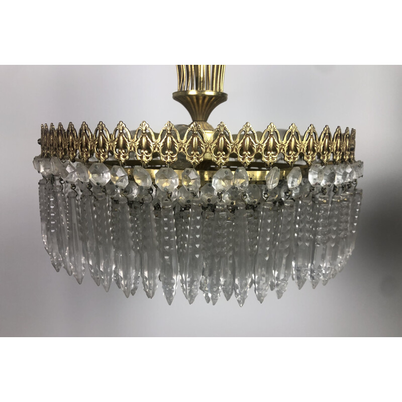 Lampadario a corona d'epoca in ottone dorato con papille di cristallo, 1970