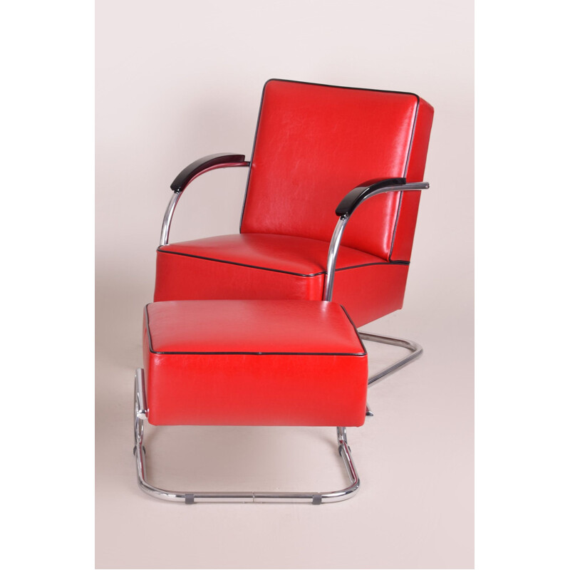 Vintage rood lederen fauteuil en voetensteun van Mucke Melder, 1930
