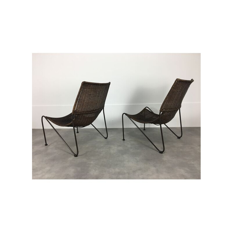 Paar vintage rotan en staaldraad fauteuils van Frederick Weinberg