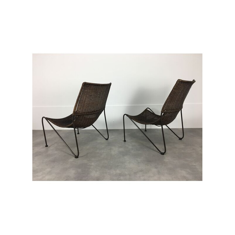 Pair of vintage rattan and steel wire armchairs by Frederick Weinberg