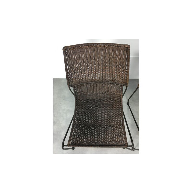 Paire de fauteuils vintage en rotin et fil d'acier par Frederick Weinberg