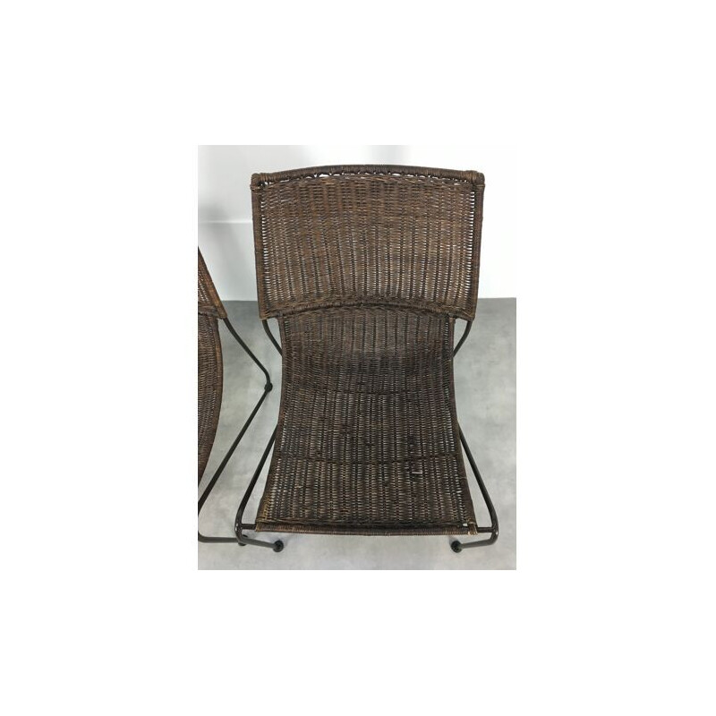 Pair of vintage rattan and steel wire armchairs by Frederick Weinberg