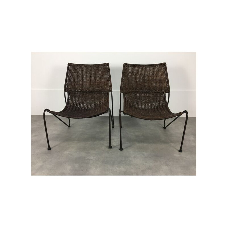 Pair of vintage rattan and steel wire armchairs by Frederick Weinberg