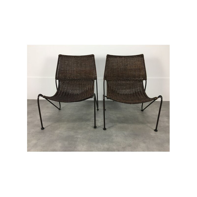 Pareja de sillones vintage de ratán y alambre de acero de Frederick Weinberg