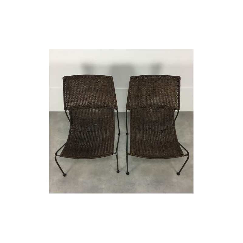 Pair of vintage rattan and steel wire armchairs by Frederick Weinberg