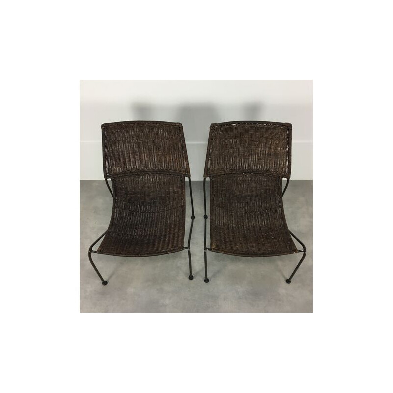 Paire de fauteuils vintage en rotin et fil d'acier par Frederick Weinberg