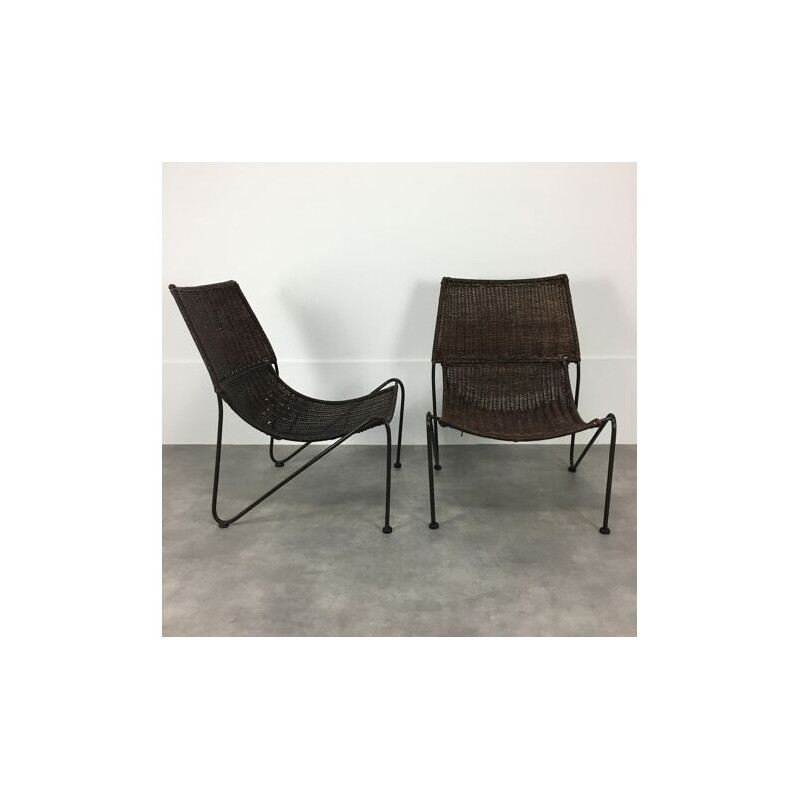 Pair of vintage rattan and steel wire armchairs by Frederick Weinberg