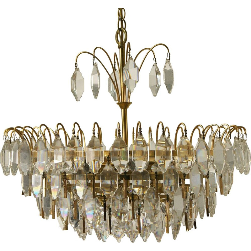 Large Mid-Century Brass and Crystal Glass Ceiling Lamp from Palwa