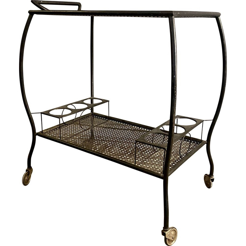 Vintage trolley with double tray in black lacquered metal