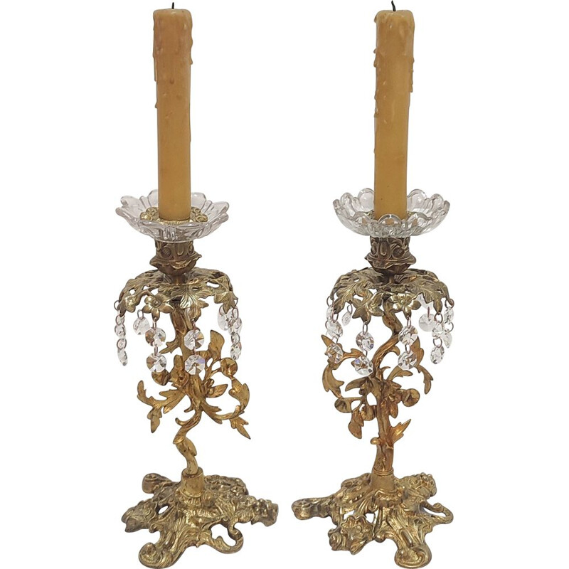 Pair of vintage bronze and crystal chandeliers, France 1940s