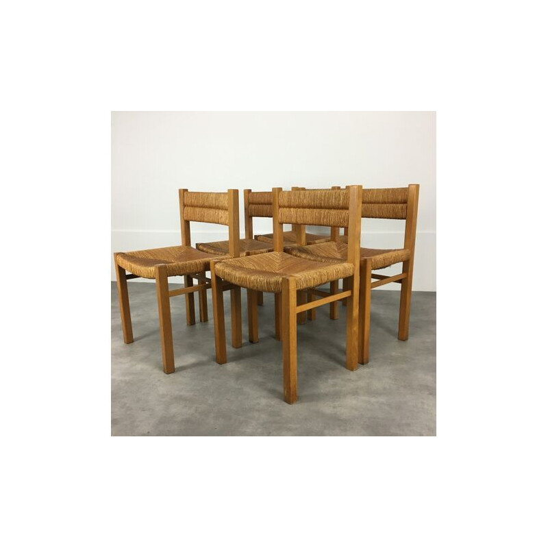 Set of 5 vintage wood and straw chairs by Pierre Gautier Delaye, 1960