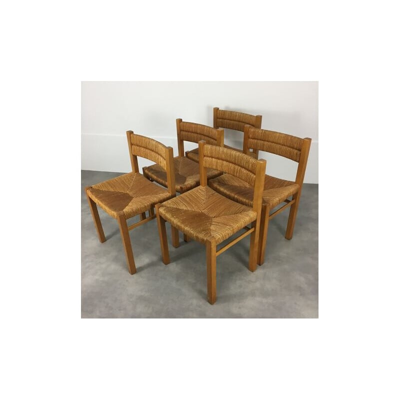 Lot de 5 chaises vintage en bois et paille de Pierre Gautier Delaye, 1960