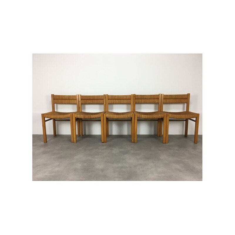 Set of 5 vintage wood and straw chairs by Pierre Gautier Delaye, 1960