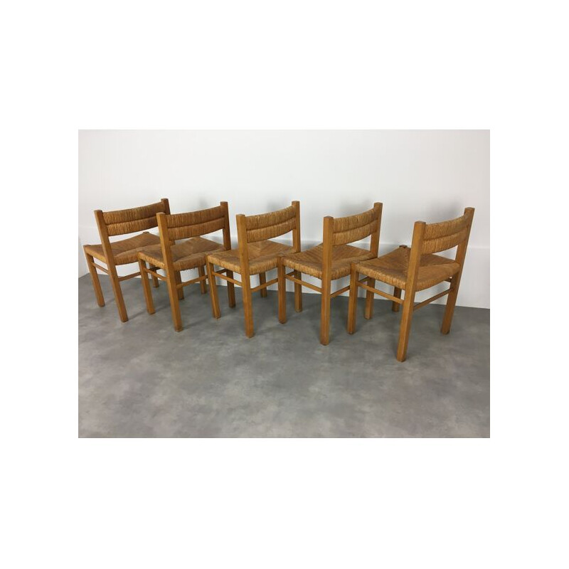 Set of 5 vintage wood and straw chairs by Pierre Gautier Delaye, 1960