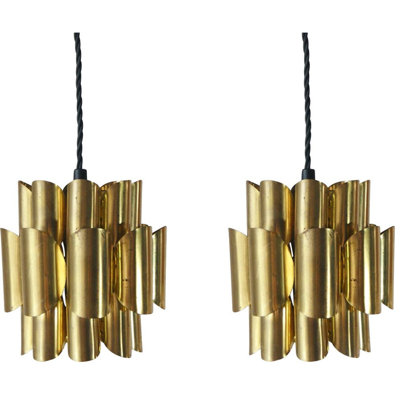 Pair of vintage brass pendant lamps by Werner Schou for Coronell Elektro, 1960s