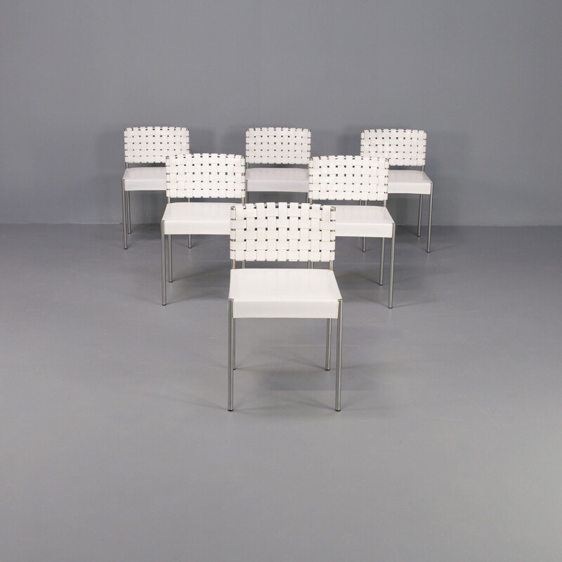 Set of 6 mid century italian chairs in white leather