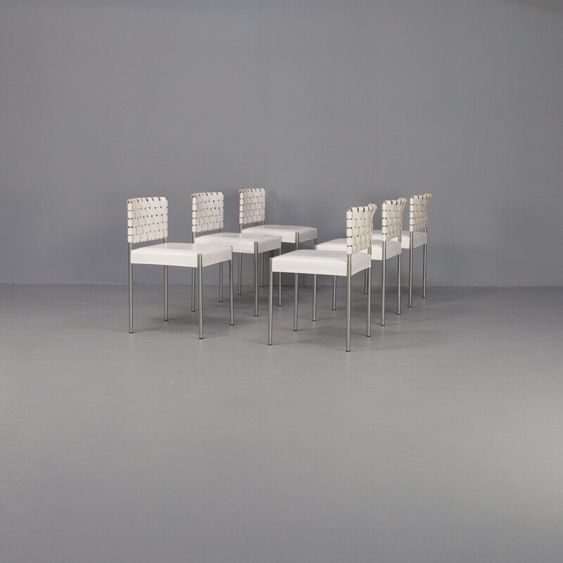 Ensemble de 6 chaises italiennes vintage en cuir blanc