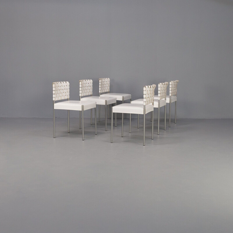 Set of 6 mid century italian chairs in white leather