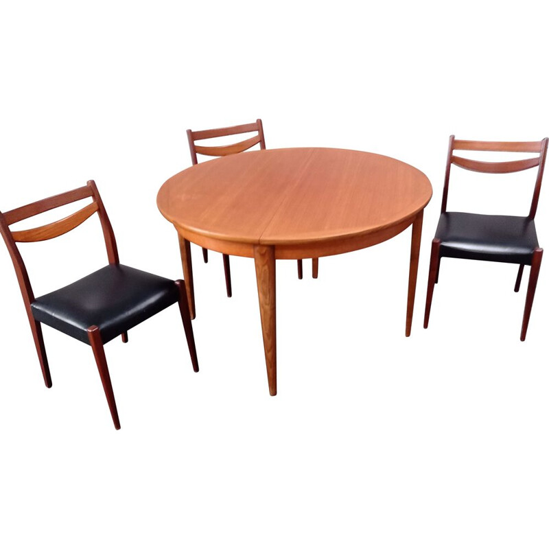 Ensemble vintage table teck chaises teck simili cuir noir, 1950s