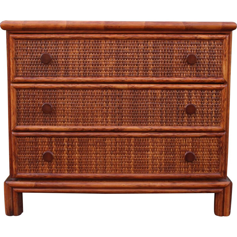 Vintage Maugrion chest of drawers in wood and rattan for Roche Bobois, 1980