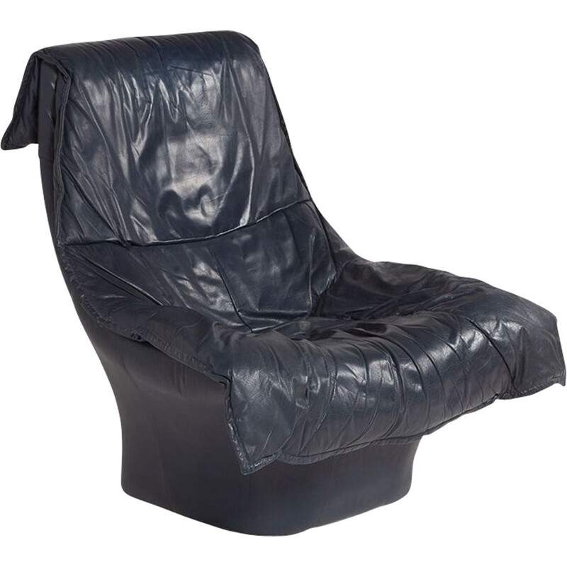 Vintage dark blue leather armchair, 1970s