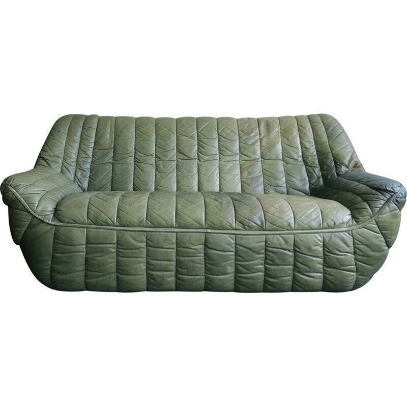 Canapé vintage en cuir vert olive patchwork de Laauser, 1970