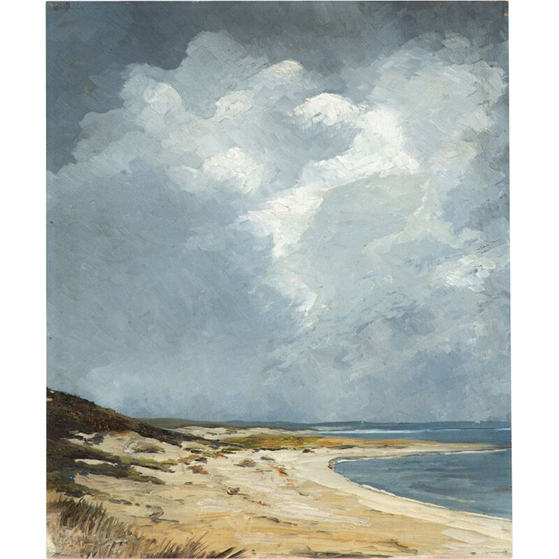 Öl auf Vintage-Hartfaserplatte "Sand und Meer" einer Strandlandschaft