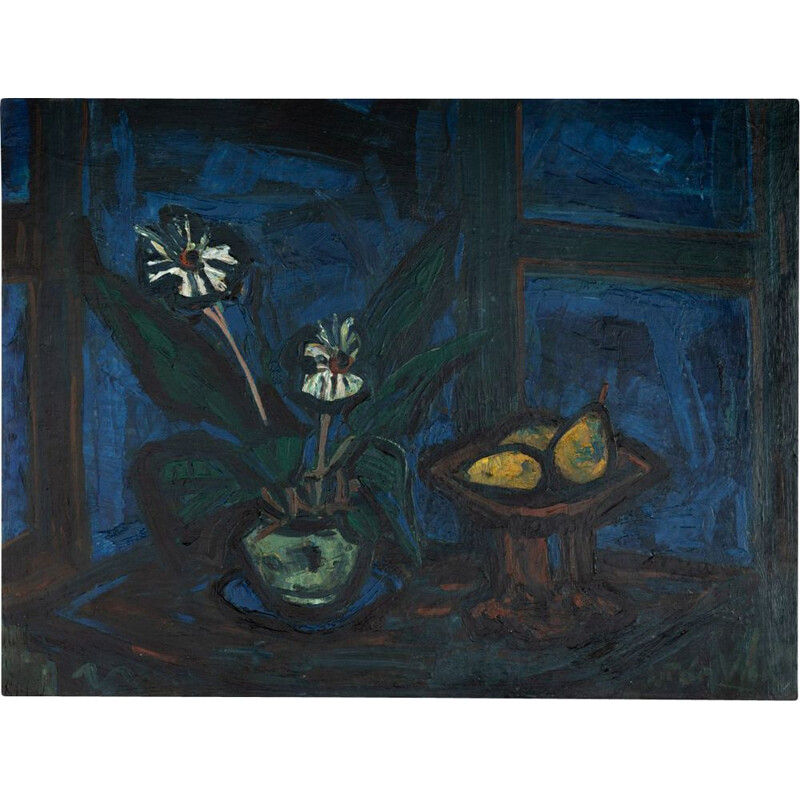Olio su tavola rigida vintage "blue hour" natura morta con fiore e pera al buio