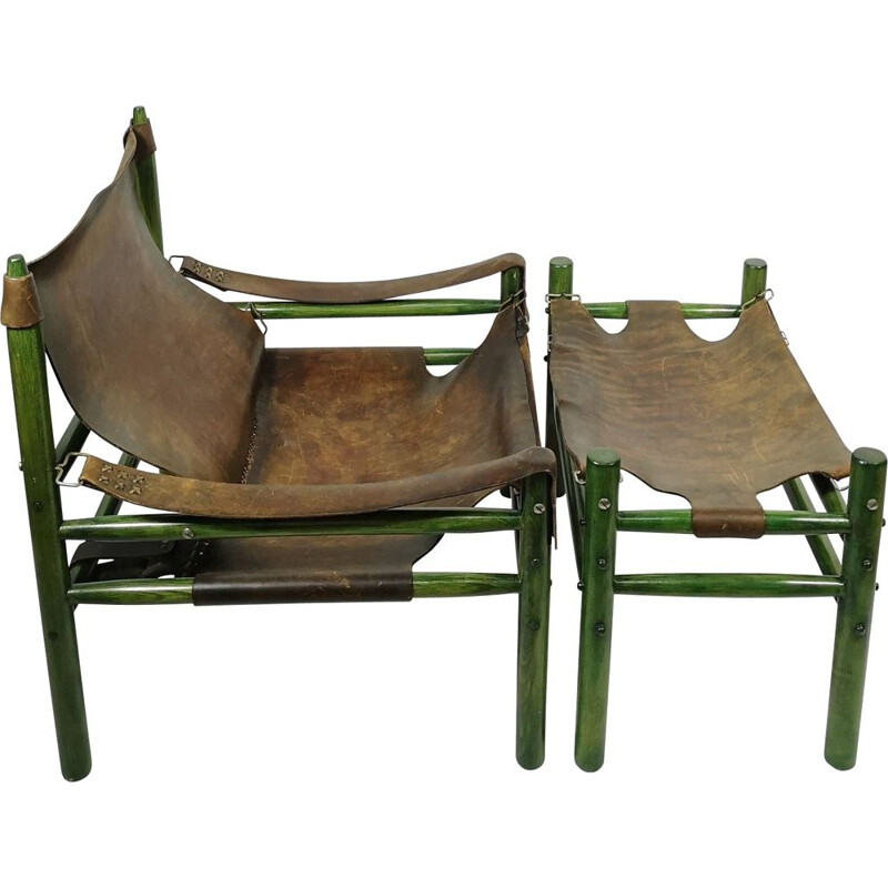 Vintage Safari fauteuil en poef in ruw leer, 1970