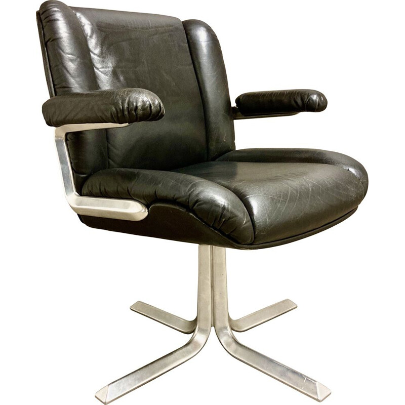 Vintage black leather and aluminum armchair, 1960s