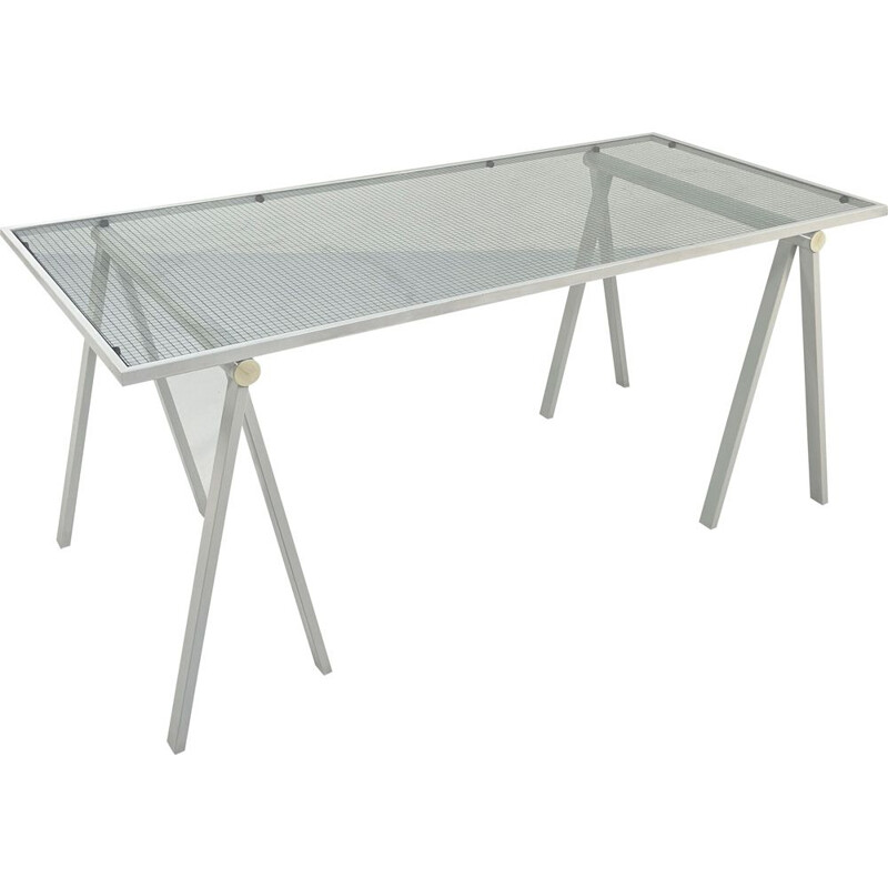 Vintage Trestle steel & glass desk by Rodney Kinsman for Bieffeplast, 1980s