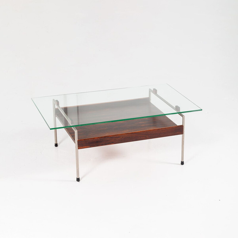 Table basse vintage en métal et palissandre avec plateau en verre par Fristho, 1960