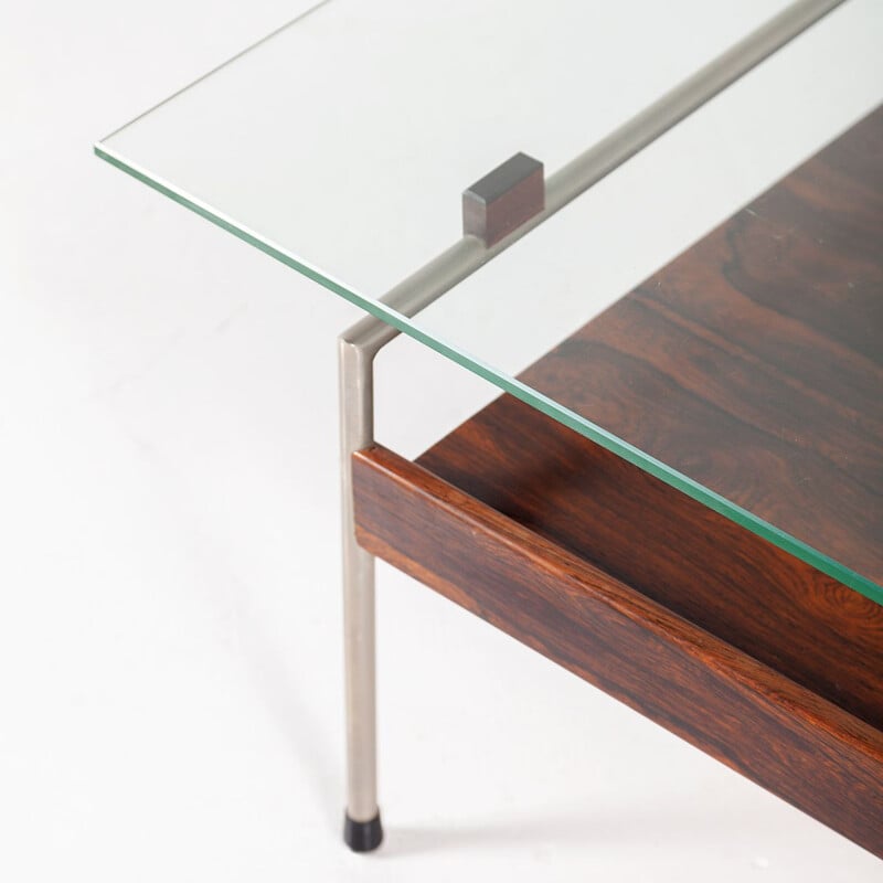 Vintage metal and rosewood coffee table with glass top by Fristho, 1960